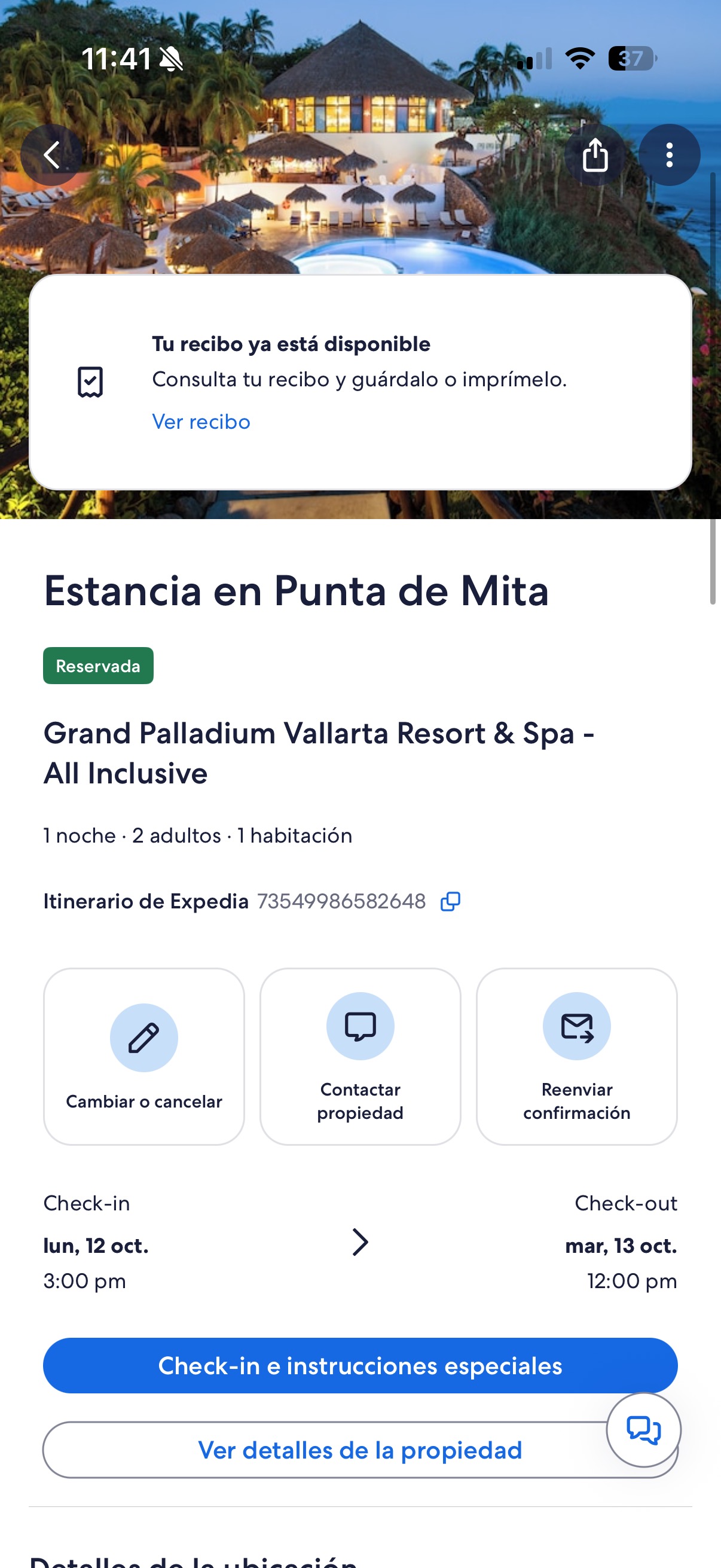Comprobante del hospedaje, noche extra